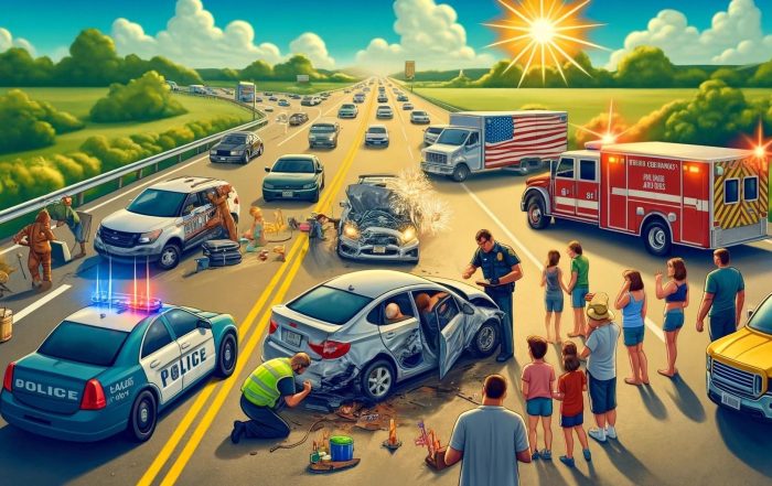 A busy 100 days of deadly summer highway with heavy traffic, including decorated cars. In the foreground, a car accident scene with a damaged vehicle, police car, officer, worried family, and paramedic assisting an injured driver. The background shows a clear blue sky.