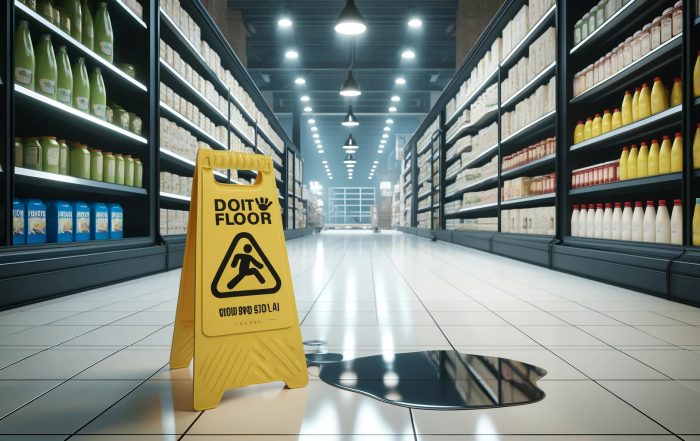 A well-lit grocery store aisle with a wet floor sign and a spilled liquid on the floor, showcasing a potential hazard for a slip and fall accident