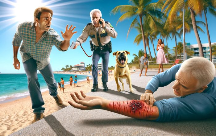 A realistic scene of a dog bite incident on a sunny beach in Fort Lauderdale, showing a victim with an injured arm, a concerned bystander calling for help, and a dog owner restraining an aggressive dog. The background features beachgoers, palm trees, and clear blue skies, emphasizing the urgency and importance of documenting the incident.