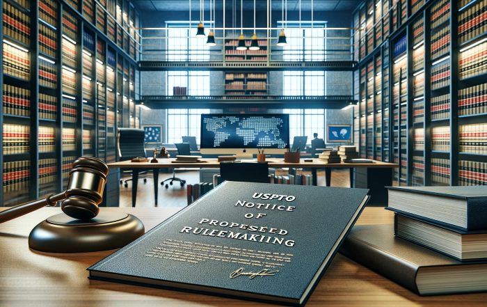 a modern office with a document labeled 'USPTO Notice of Proposed Rulemaking.' The workspace includes shelves with legal books, a computer screen with a legal document, and a gavel beside the document on an organized desk.